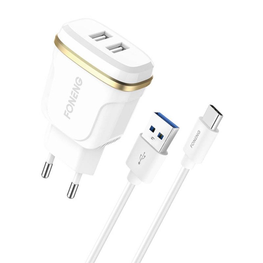 ⚡ FONENG 2-Port USB চার্জার + Type-C কেবল