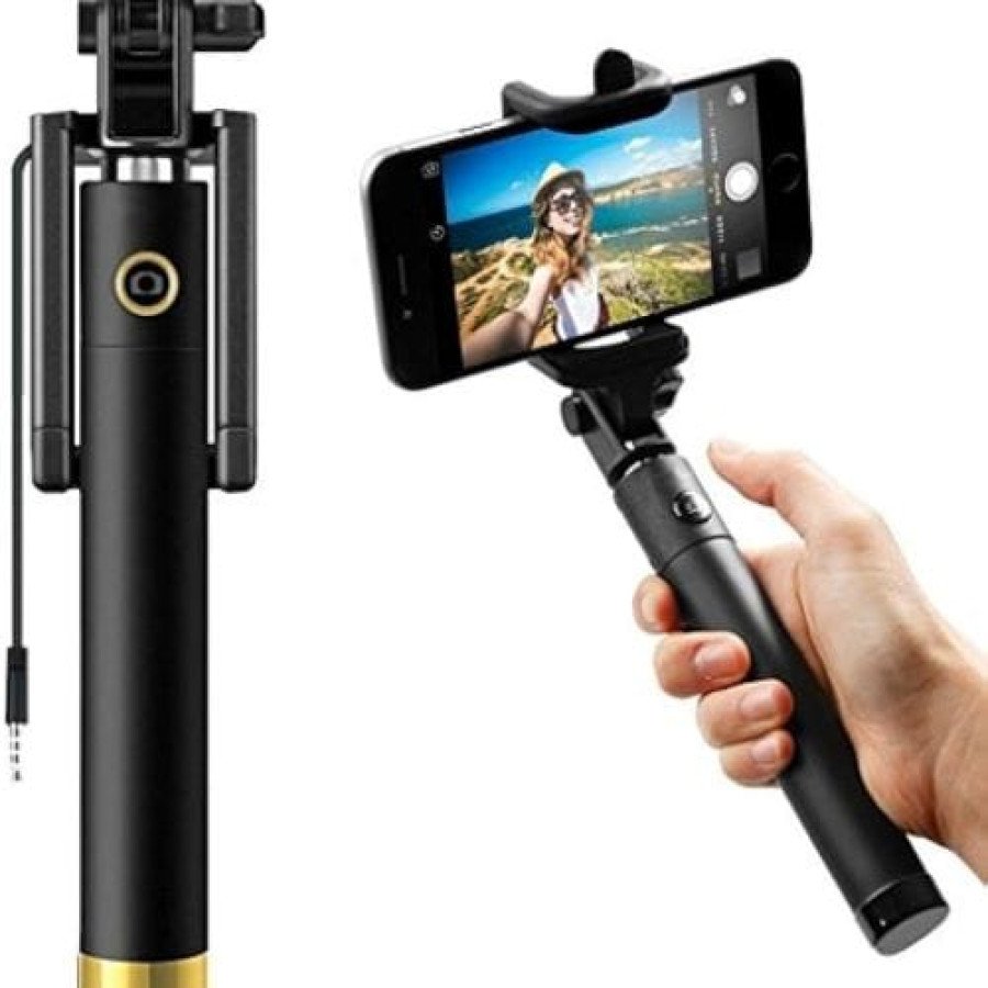 3 Gen Wired Selfie Stick Aux Cable 1 Meter Extendable Monopod Black Gold