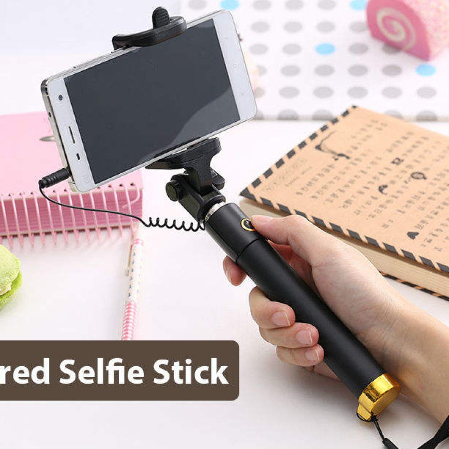 3 Gen Wired Selfie Stick Aux Cable 1 Meter Extendable Monopod Black Gold