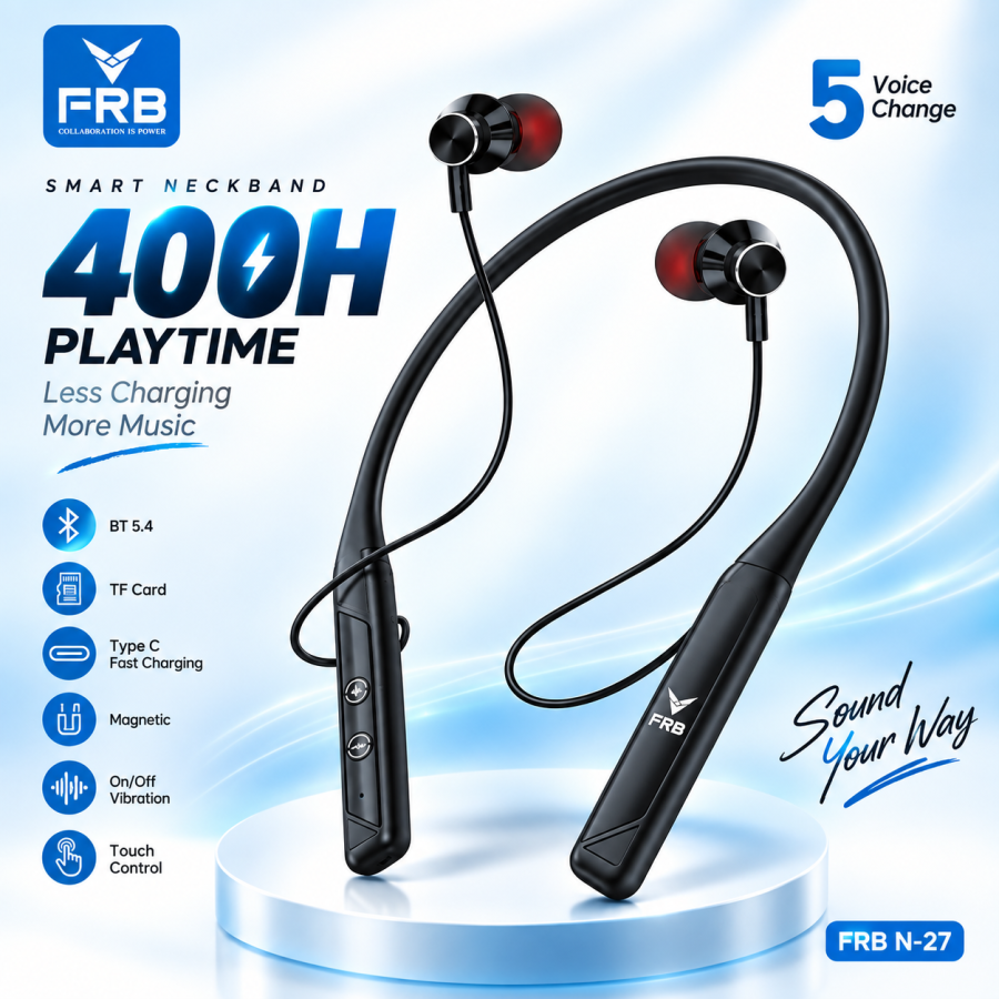 FRB N-27 Smart Wireless Neckband Earphone – Bluetooth 5.4 In-Ear Headset with 400H Battery Life, TF Card Slot, Type-C Fast Charging, Touch Control & Voice Change Feature